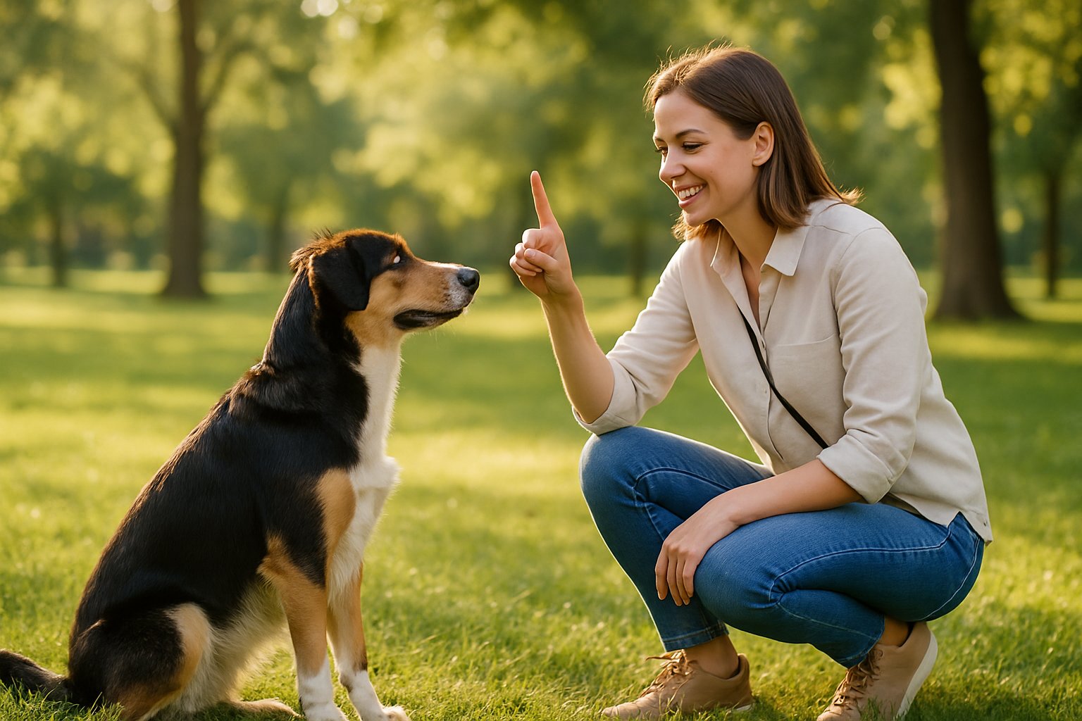 Ein Hund sitzt aufmerksam vor einem freundlich lächelnden Trainer im Park während einer Hundetrainingsstunde.