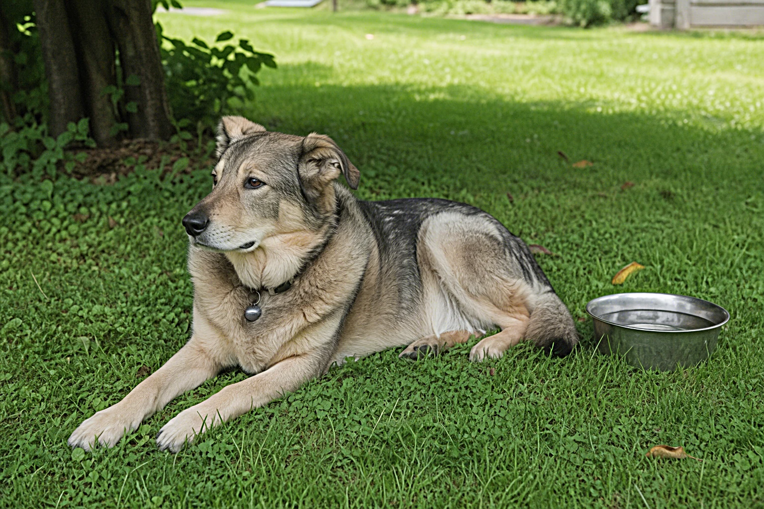 Hund liegt im Schatten eines Baumes im Garten an einem heißen Sommertag, Wassernapf daneben