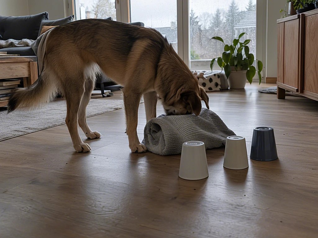 Hund schnüffelt an einem aufgerollten Handtuch mit versteckten Leckerchen auf dem Wohnzimmerboden